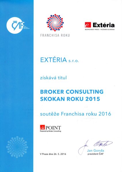 Česká asociace franchisingu udělalila titul SKOKAN ROKU 2015 konceptu EXTÉRIA za nejvíce otevřených poboček za daný rok